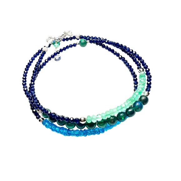 Solid 14K White Gold  Natural Emerald Black Opal Sapphire Wrap Bracelet Necklace - Picture 7 of 7